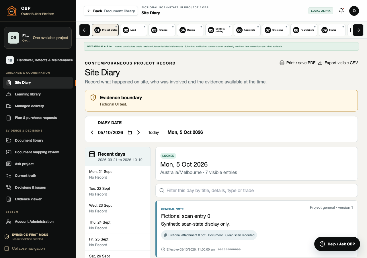 Synthetic demonstration of a site diary with fictional records
